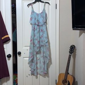 Light blue dress with pink flowers.